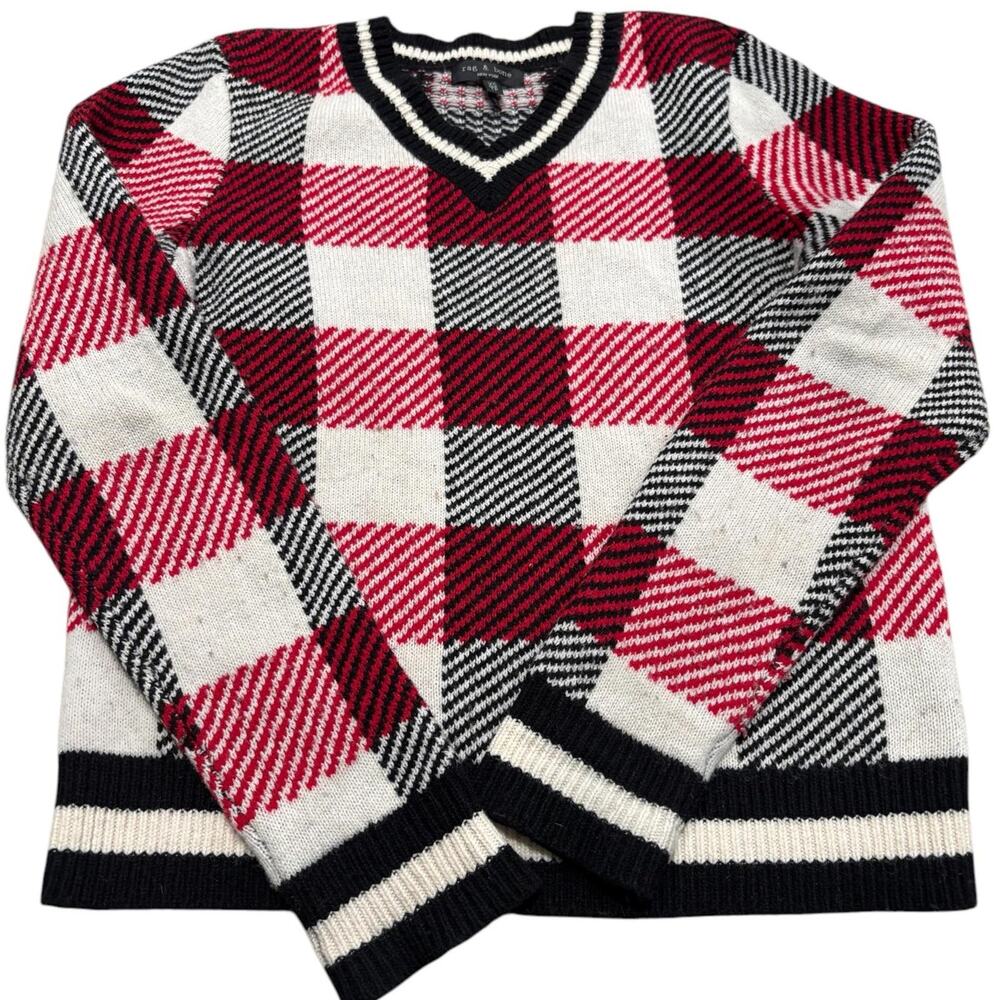 RAG & BONE Gabby Extra Fine Wool Plaid V-Neck Pullover Sweater XS
